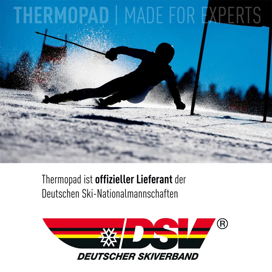 Skifahrer und DSV Logo mit Aufschrift "Thermopad ist offizieller Lieferant der Deutschen Ski-Nationalmannschaften