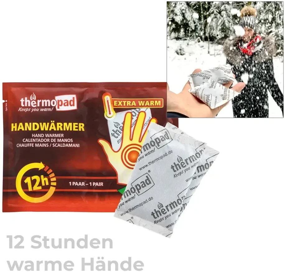 Handwärmer Produktverpackung und Handwärmer im Einsatz