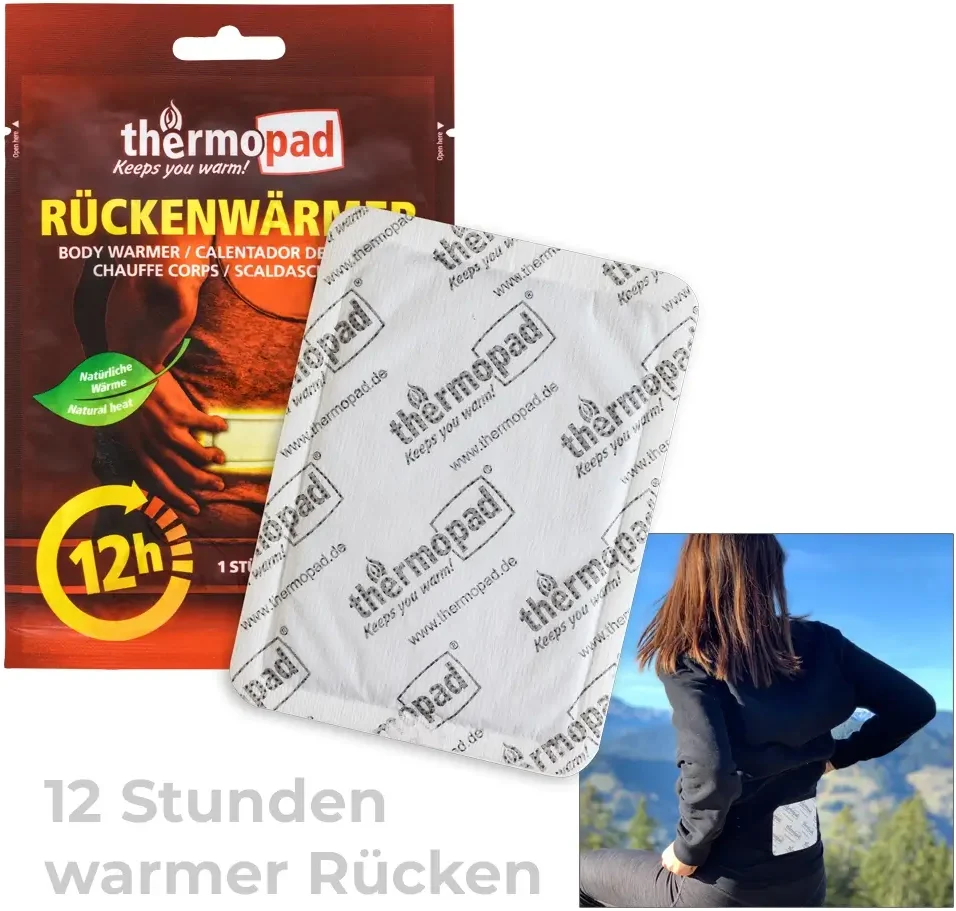 Rückenwärmer Produktverpackung und Rückenwärmer im Einsatz