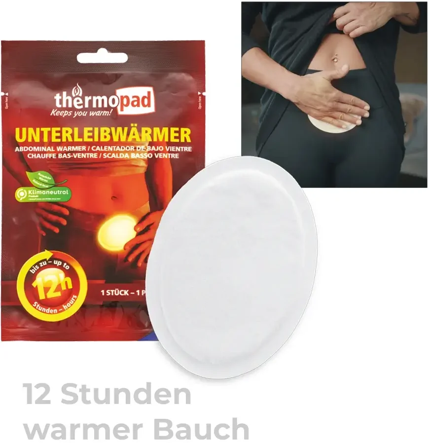 Unterleibwärmer Produktverpackung und Unterleibwärmer im Einsatz